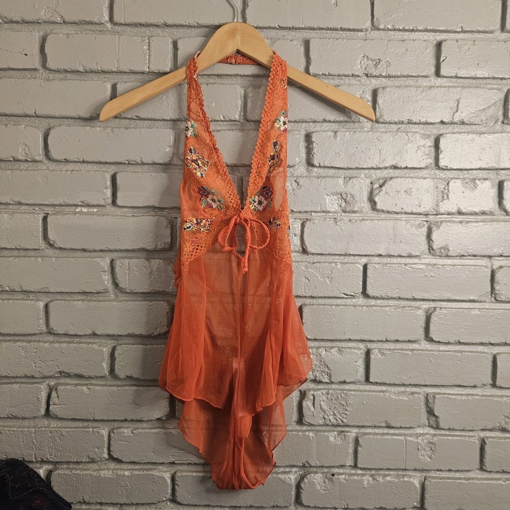 Savage X Fenty Teddy Small Dolled Up Lace Orange‎ Floral Cheeky Li Gerie Nightie